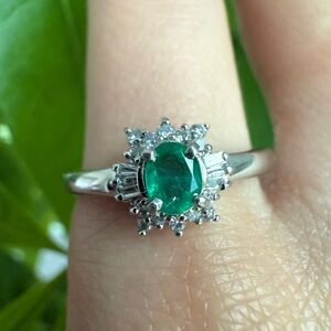 Natural Emerald and Diamond Cocktail Ring in Platinum Size 7